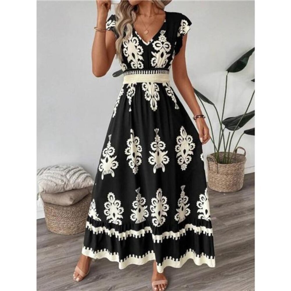 Printed V-Neck Ruffled Cap Sleeve Dress
